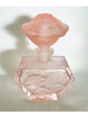 Vintage Schmid Pink Frosted Glass Perfume Scent Bottle Floral Rose Lid Beautiful